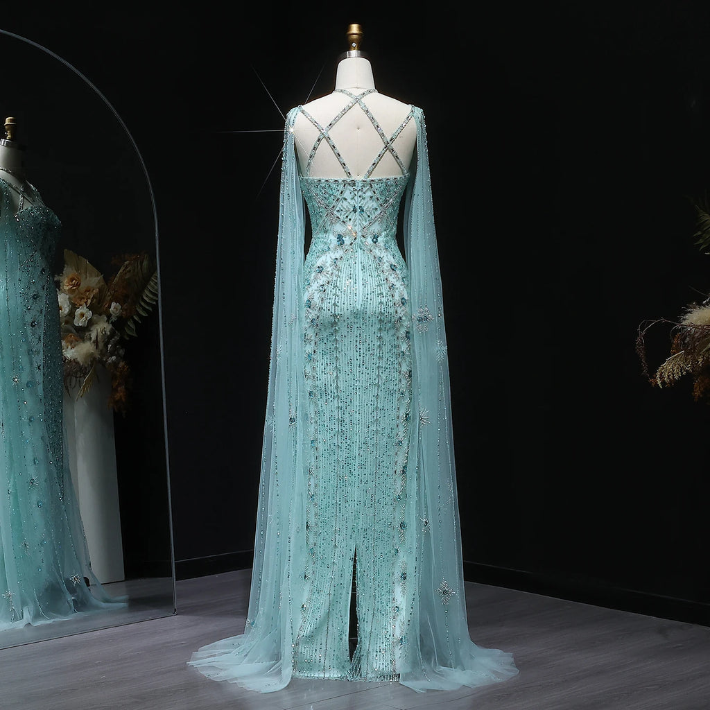 Sharon Said Luxus Dubai Aqua Flieder Meerjungfrau Abendkleid mit Umhangärmel und Überkreuzung Damen Hochzeitsfestkleid SS391 Maßgeschneidert