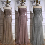 Caramel Beaded Off Shoulder Evening Dress With Long Sleeves For Party