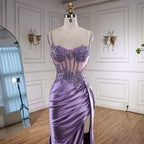 Luxury Mint Green Satin Beaded Prom Dress with Slit LA72995