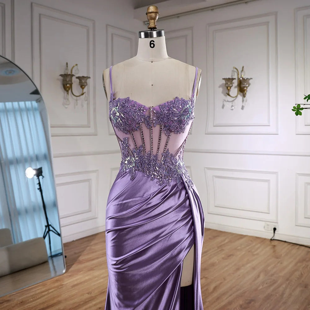 Luxury Mint Green Satin Beaded Prom Dress with Slit LA72995