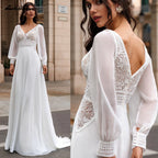 Custom Boho Beach Wedding Dress With Detachable Puffy Chiffon Sleeves
