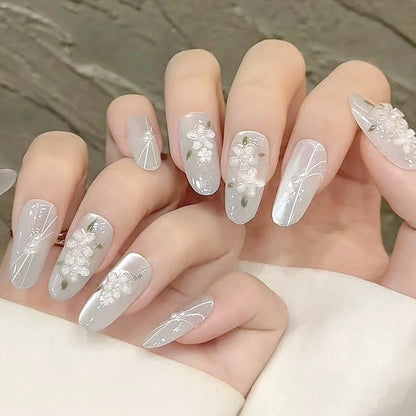 10 uñas postizas brillantes de ojo de gato, hechas a mano, con diseño de almendra blanca y hojas de flores 3D, parches para uñas postizas para mujer. 