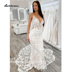 Custom Lace Mermaid Wedding Dress With Spaghetti Straps And Cut Out Train