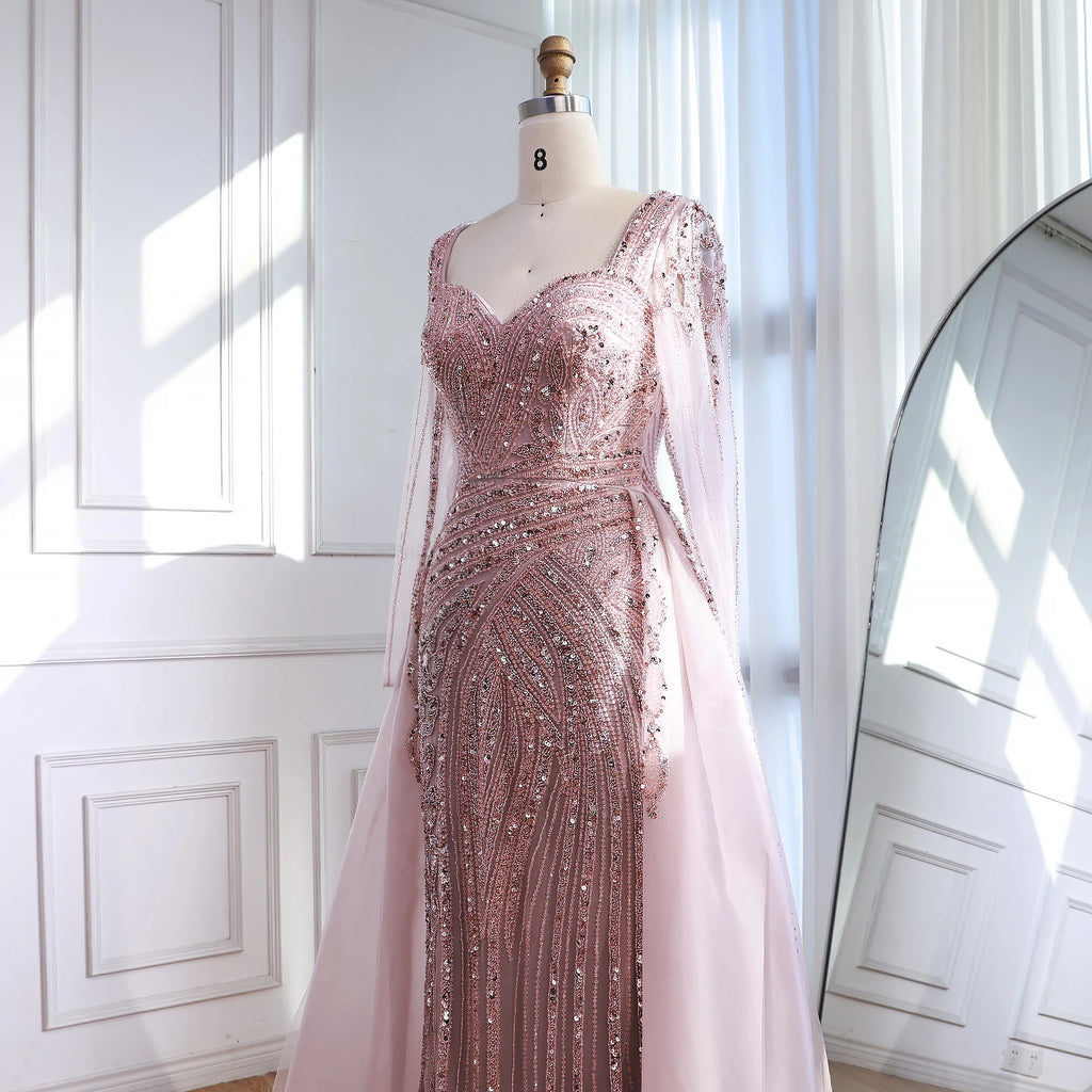 Custom Black Long Sleeve Beaded Evening Dress Overskirt Formal Gown Women