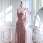 Custom Black Long Sleeve Beaded Evening Dress Overskirt Formal Gown Women