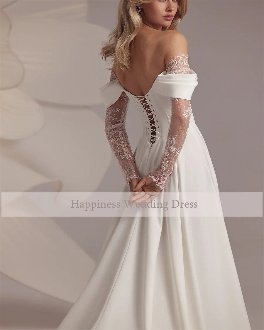 Custom Strapless Corset Lace Sleeve A Line Front Split Wedding Dress