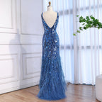 Luxury Blue Beaded Feather Mermaid Evening Dress LA73369