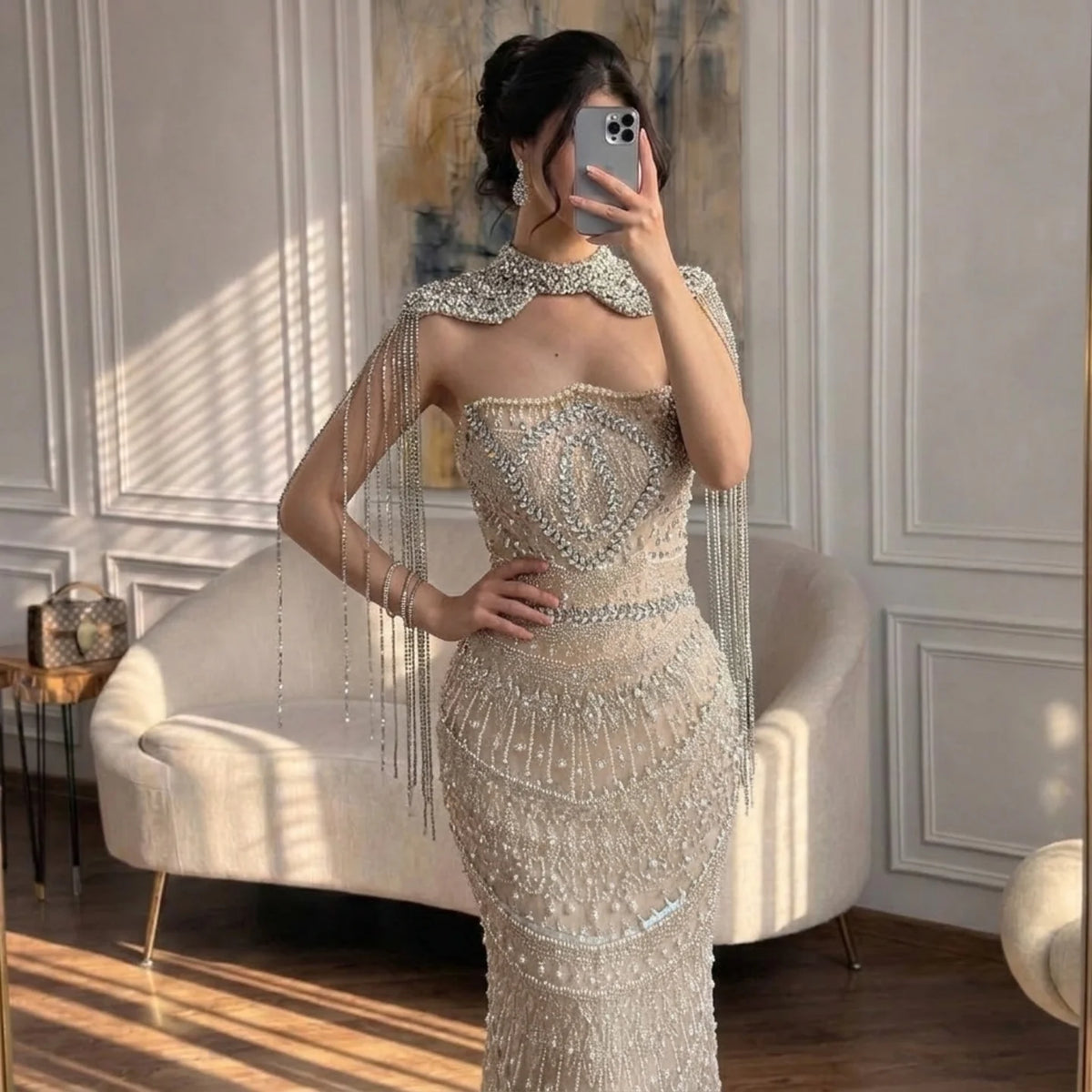 Luxury Beaded Mermaid Evening Gown With Tassel Cape For Women