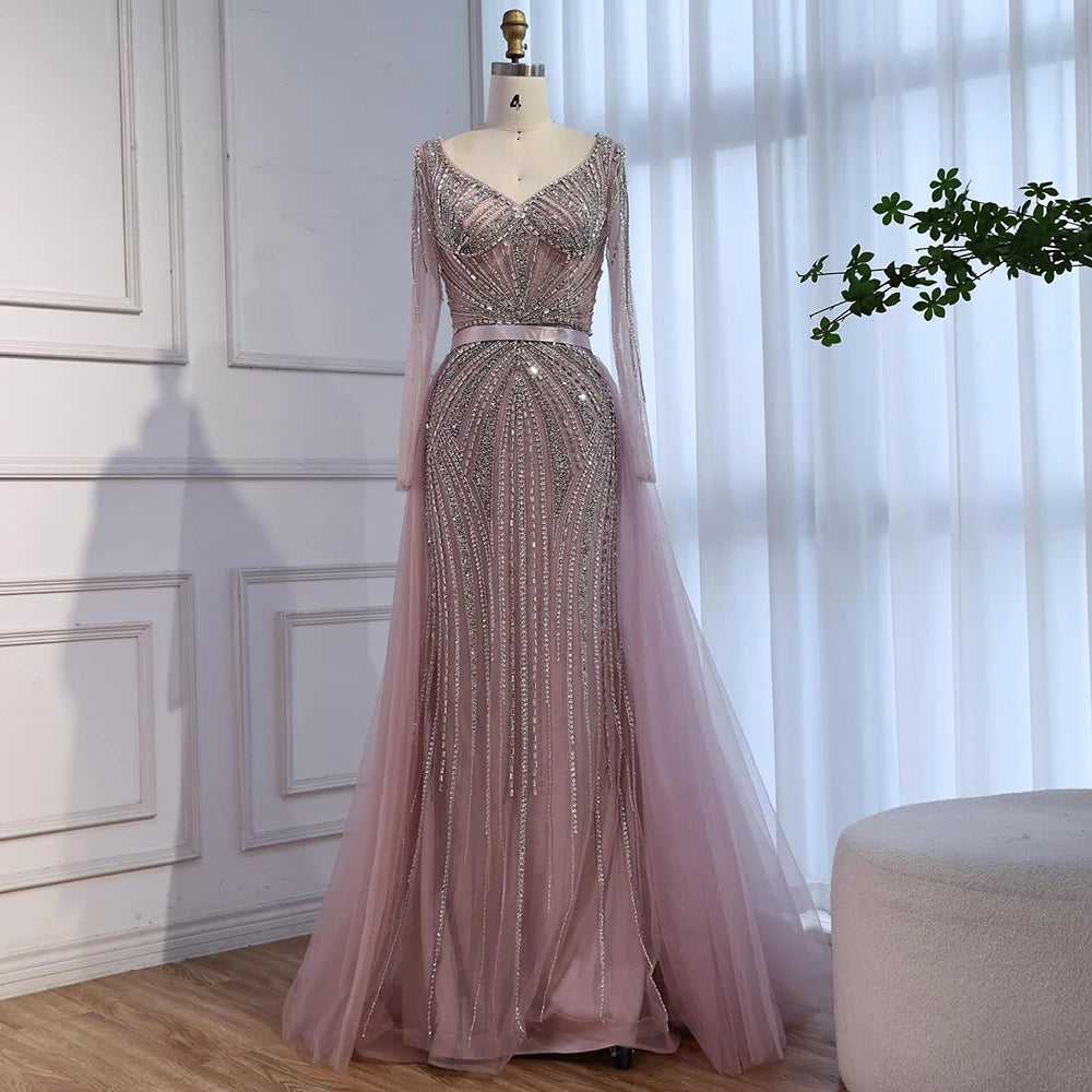 Pink V Neck Long Sleeve Beaded Evening Dress With Detachable Overskirt