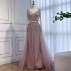 Pink V Neck Long Sleeve Beaded Evening Dress With Detachable Overskirt