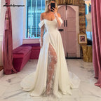Customized Off Shoulder Satin A Line Wedding Dress With Sweep Train
