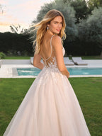 Lakshmigown Boho A Line Tulle Wedding Dress With V Neck Spaghetti Straps Custom