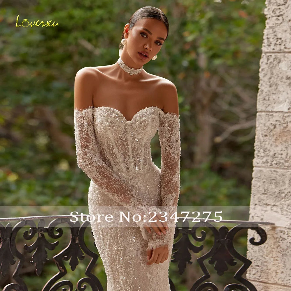 Loverxu Custom Mermaid Wedding Dress With Lace And Beaded Pearls