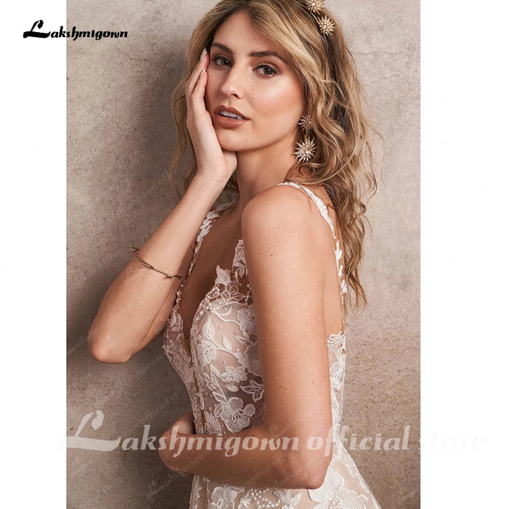 Champagne A Line Custom Wedding Dress V Neck Lace Applique Gown