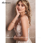Champagne A Line Custom Wedding Dress V Neck Lace Applique Gown