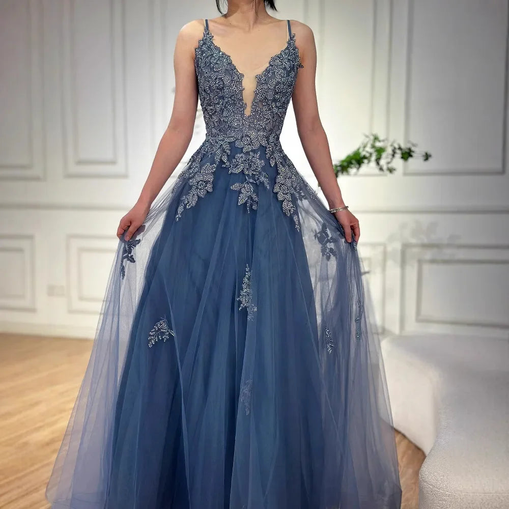 Luxury Sage Green Lace A-Line Prom Dress with Spaghetti Straps LA73005