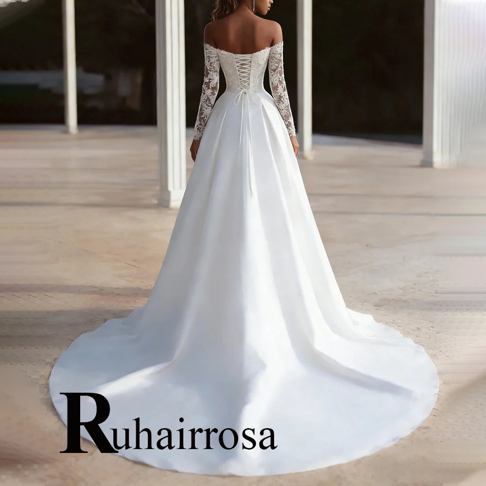 Customized Sweetheart Off Shoulder A Line Wedding Dress With Lace Appliques
