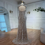 Nude Strapless Mermaid Beaded Pearl Evening Party Dress With Tassel