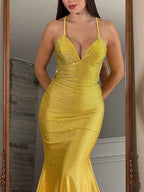 Blue Sequin V Neck Long Mermaid Prom Dress With Train