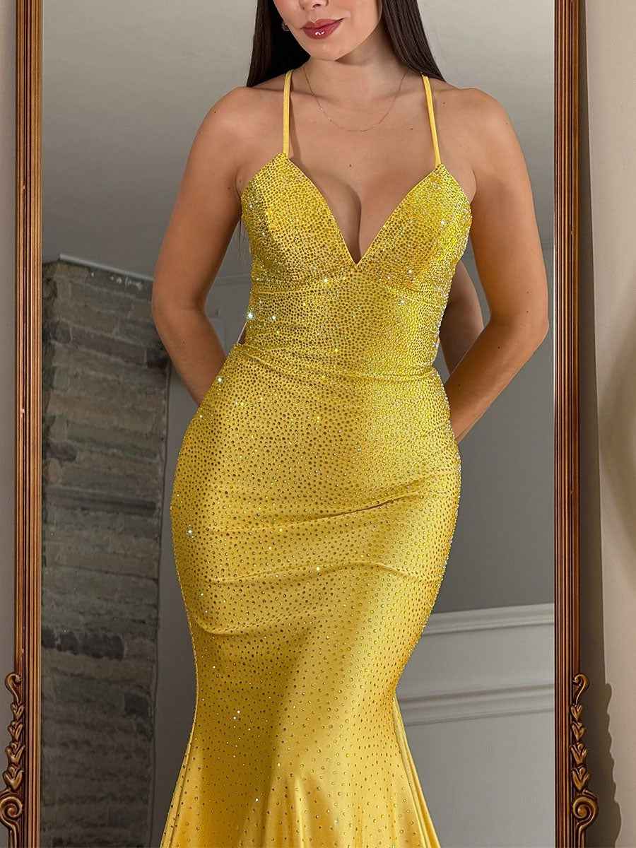 Blue Sequin V Neck Long Mermaid Prom Dress With Train