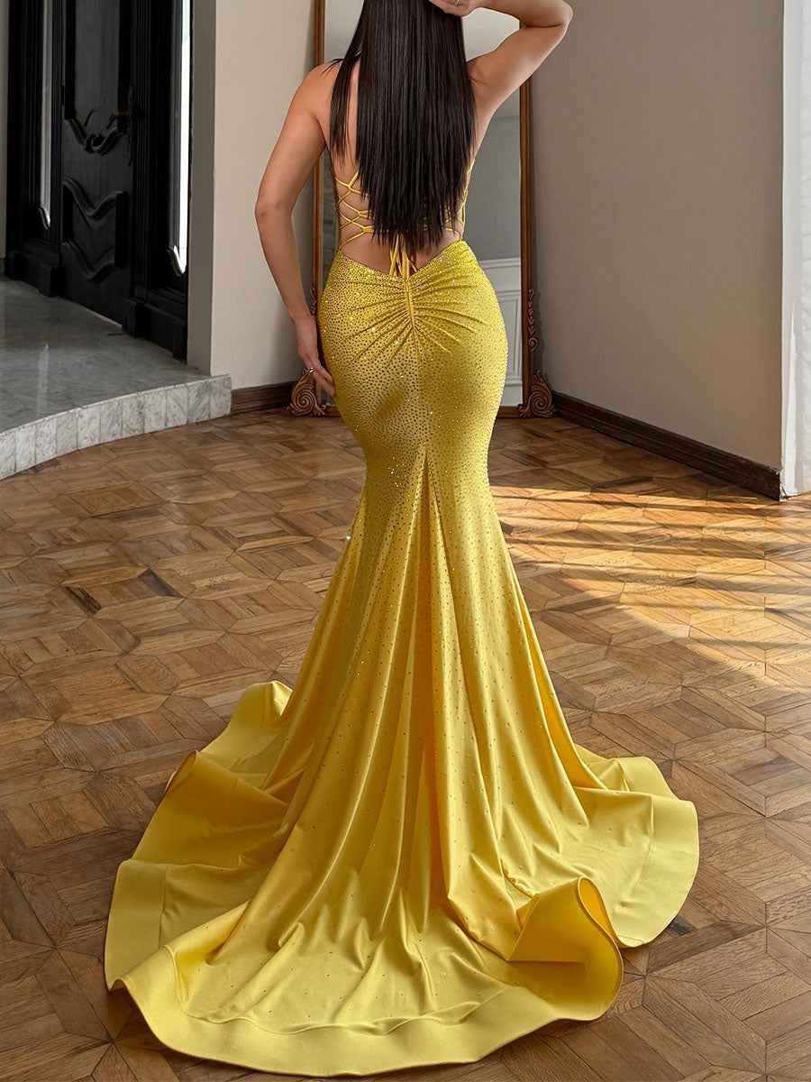 Blue Sequin V Neck Long Mermaid Prom Dress With Train