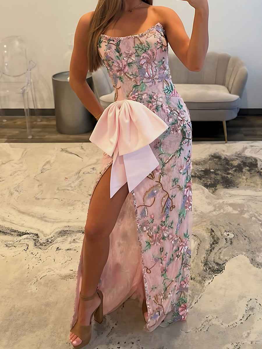 Sequin Floral Satin Bow Prom Dress High Slit and Tiered Skirt