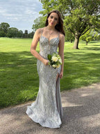 Silver Sequin Plunging V Neck Prom Dress With Slit