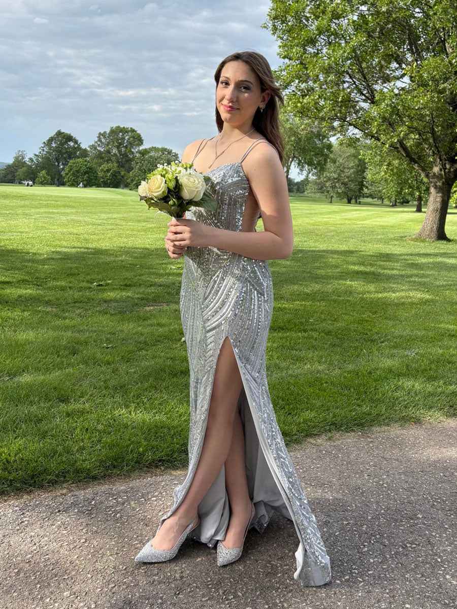Silver Sequin Plunging V Neck Prom Dress With Slit