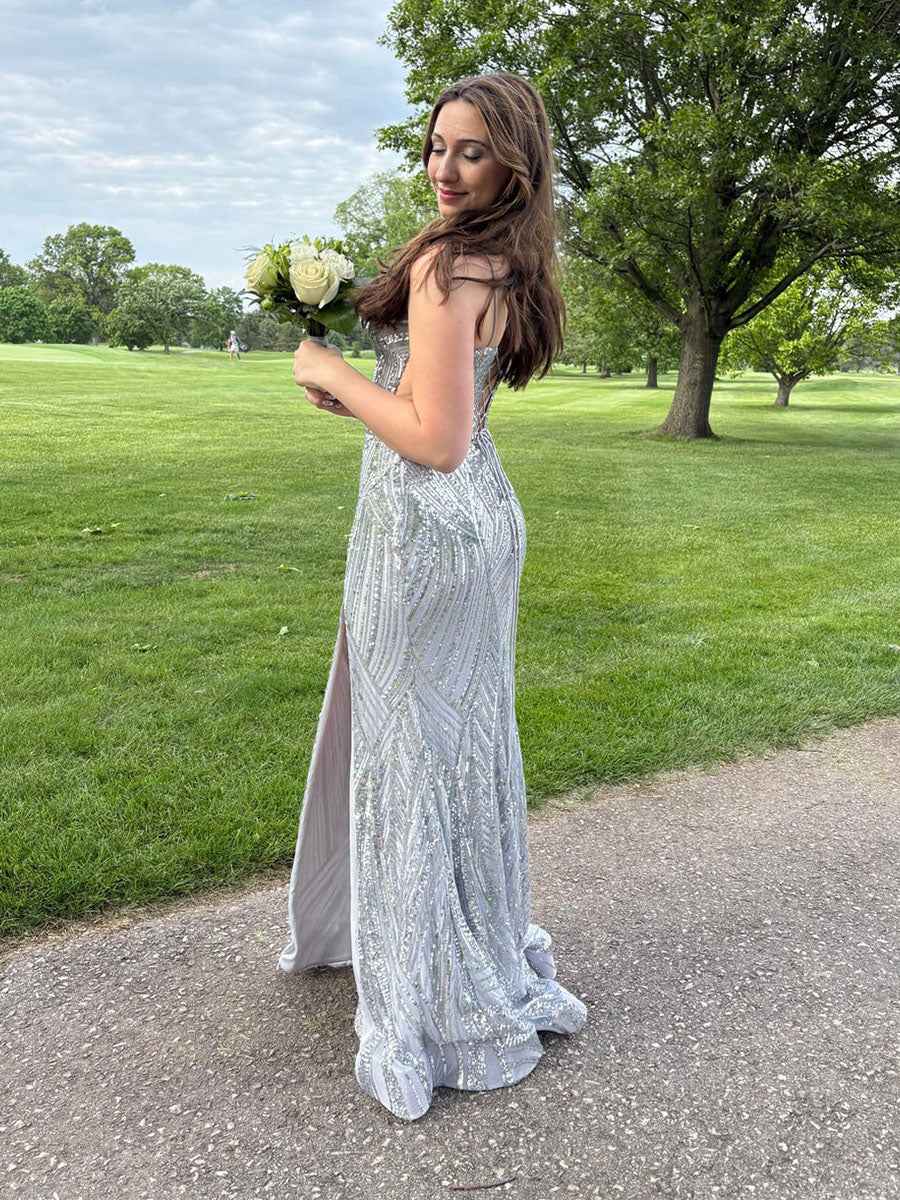 Silver Sequin Plunging V Neck Prom Dress With Slit