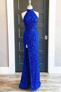 Abito lungo da festa con collo alto, paillettes, blu reale e spacco SYP91