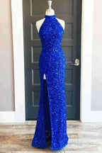 Abito lungo da festa con collo alto, paillettes, blu reale e spacco SYP91