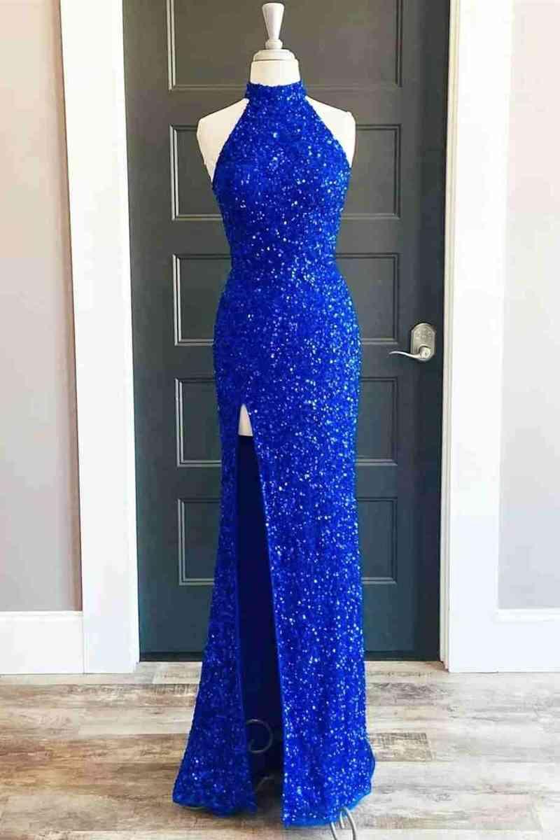Abito lungo da festa con collo alto, paillettes, blu reale e spacco SYP91