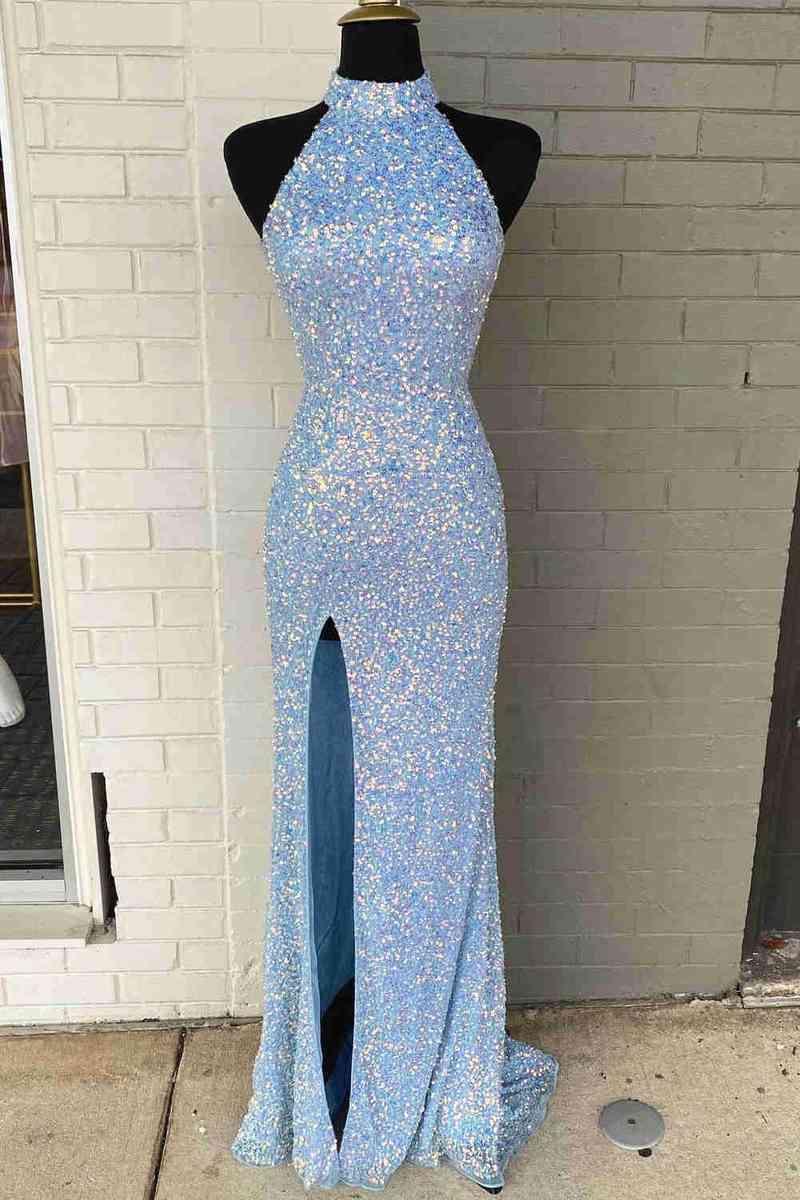 Abito lungo da festa con collo alto, paillettes, blu reale e spacco SYP91