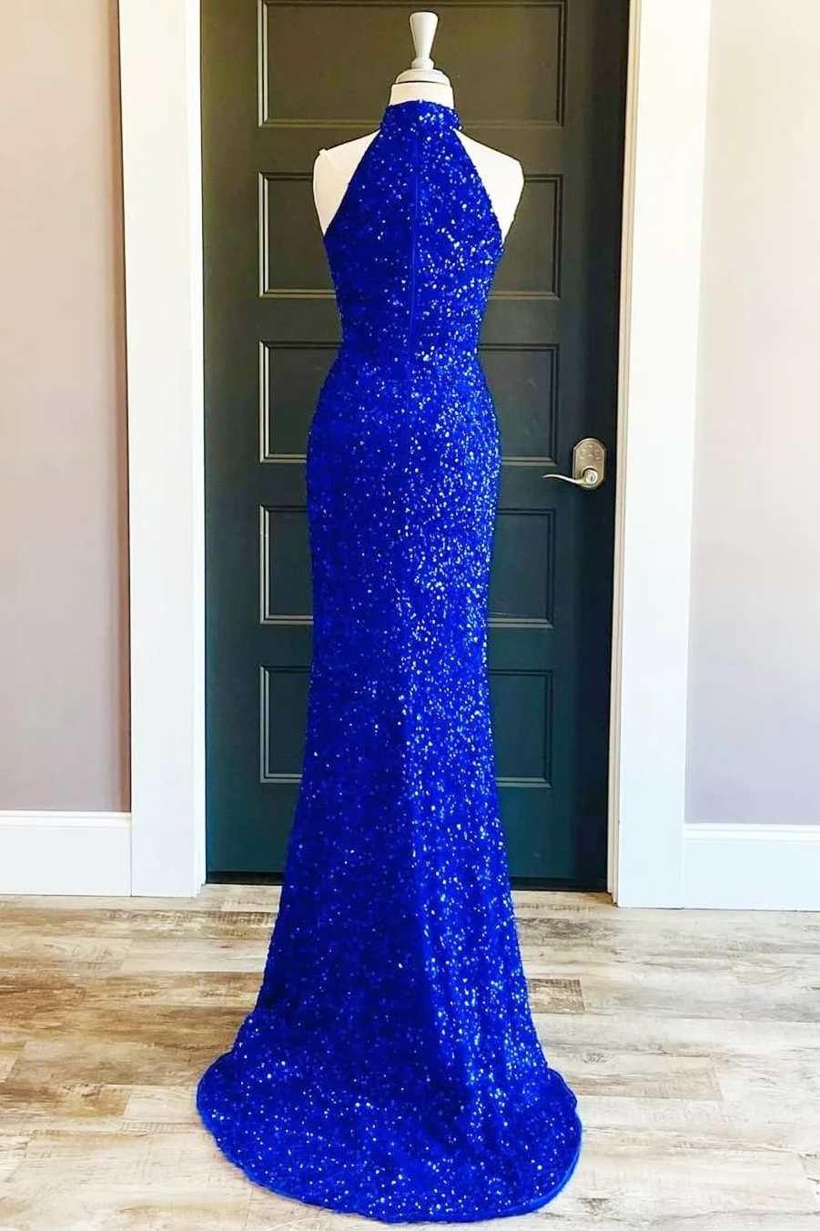 Abito lungo da festa con collo alto, paillettes, blu reale e spacco SYP91