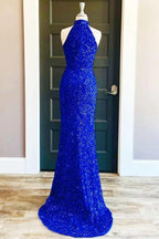 Abito lungo da festa con collo alto, paillettes, blu reale e spacco SYP91