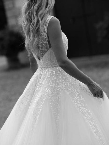 Sequins Lace V-neck Neckline Chapel Train A-line Wedding Dresses