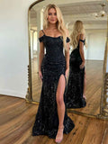 Black Sequins Off The Shoulder Mermaid Long Prom Dress With Slit
