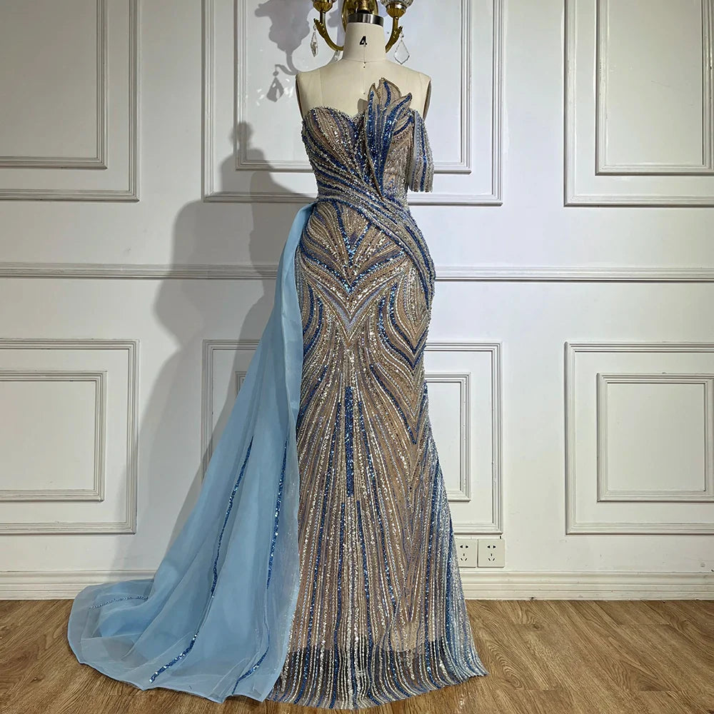 Arabic Blue One Shoulder Evening Gown With Side Overskirt Beaded Dress For Women Party Luxury Dubai LA72662