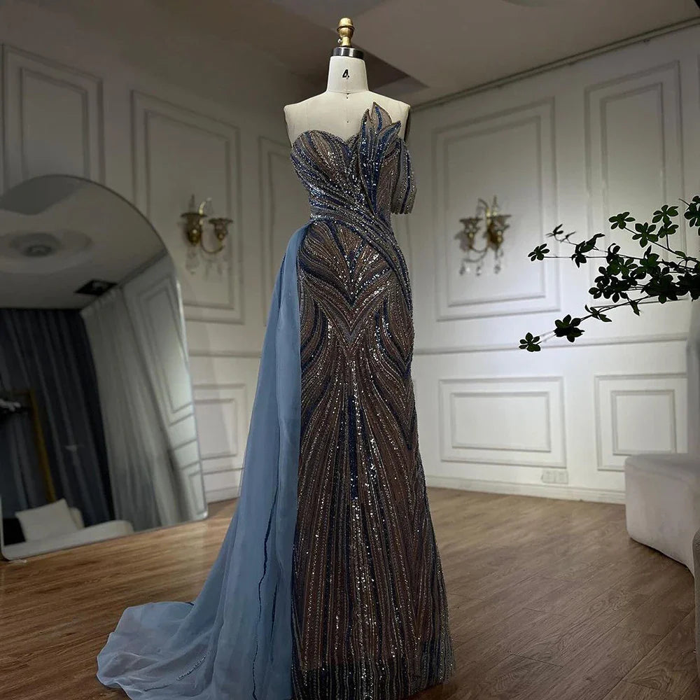 Arabic Blue One Shoulder Evening Gown With Side Overskirt Beaded Dress For Women Party Luxury Dubai LA72662