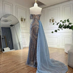 Arabic Blue One Shoulder Evening Gown With Side Overskirt Beaded Dress For Women Party Luxury Dubai LA72662