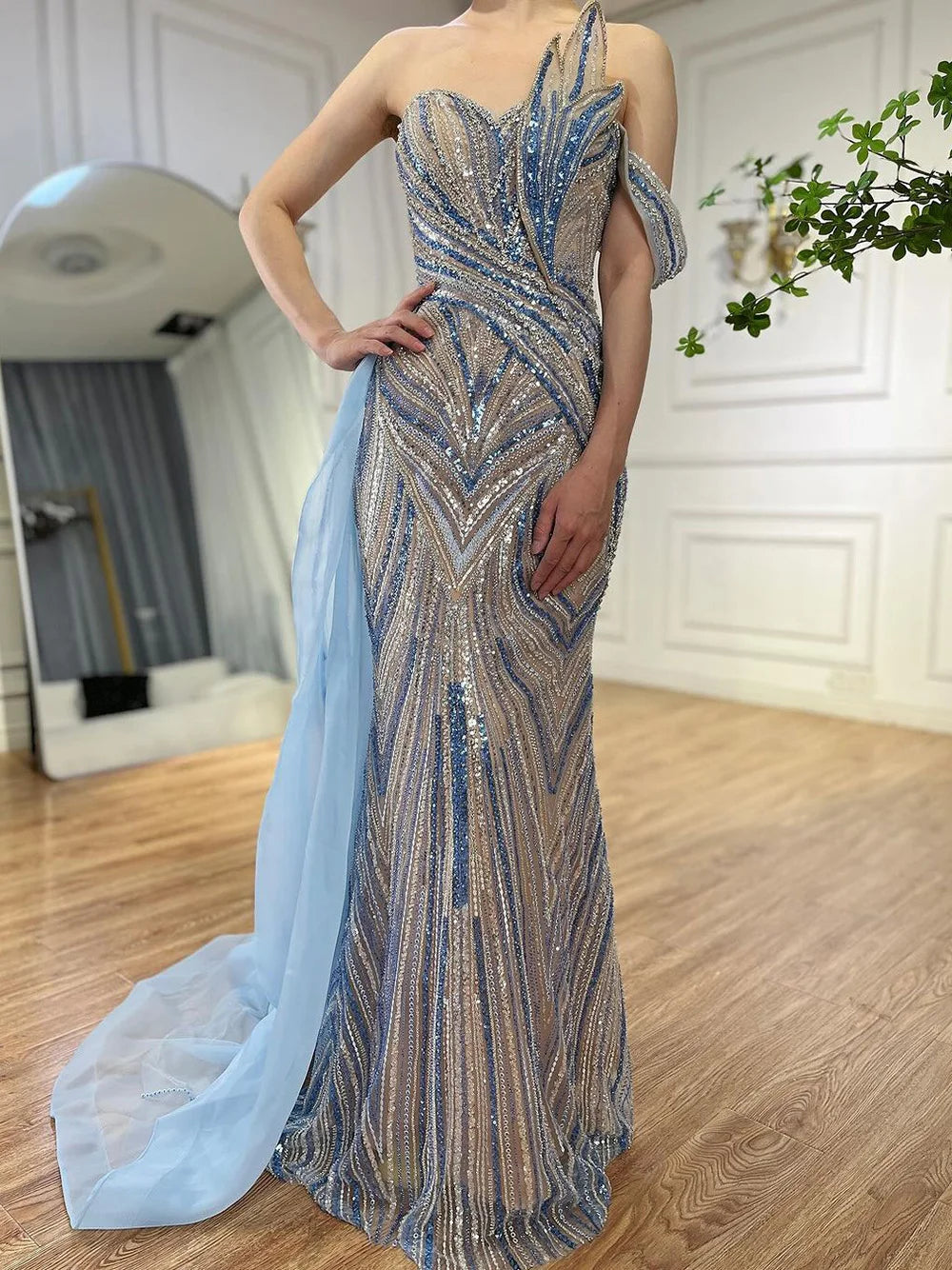 Arabic Blue One Shoulder Evening Gown With Side Overskirt Beaded Dress For Women Party Luxury Dubai LA72662