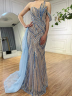 Arabic Blue One Shoulder Evening Gown With Side Overskirt Beaded Dress For Women Party Luxury Dubai LA72662
