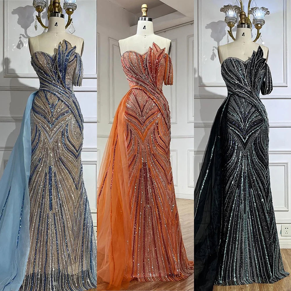 Arabic Blue One Shoulder Evening Gown With Side Overskirt Beaded Dress For Women Party Luxury Dubai LA72662