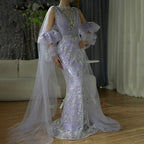 Luxury Dubai  Arabic Lilac Mermaid Puffy Sleeves Sparkling Beaded Long Evening Dresses Gowns for Formal Occasion LA72745