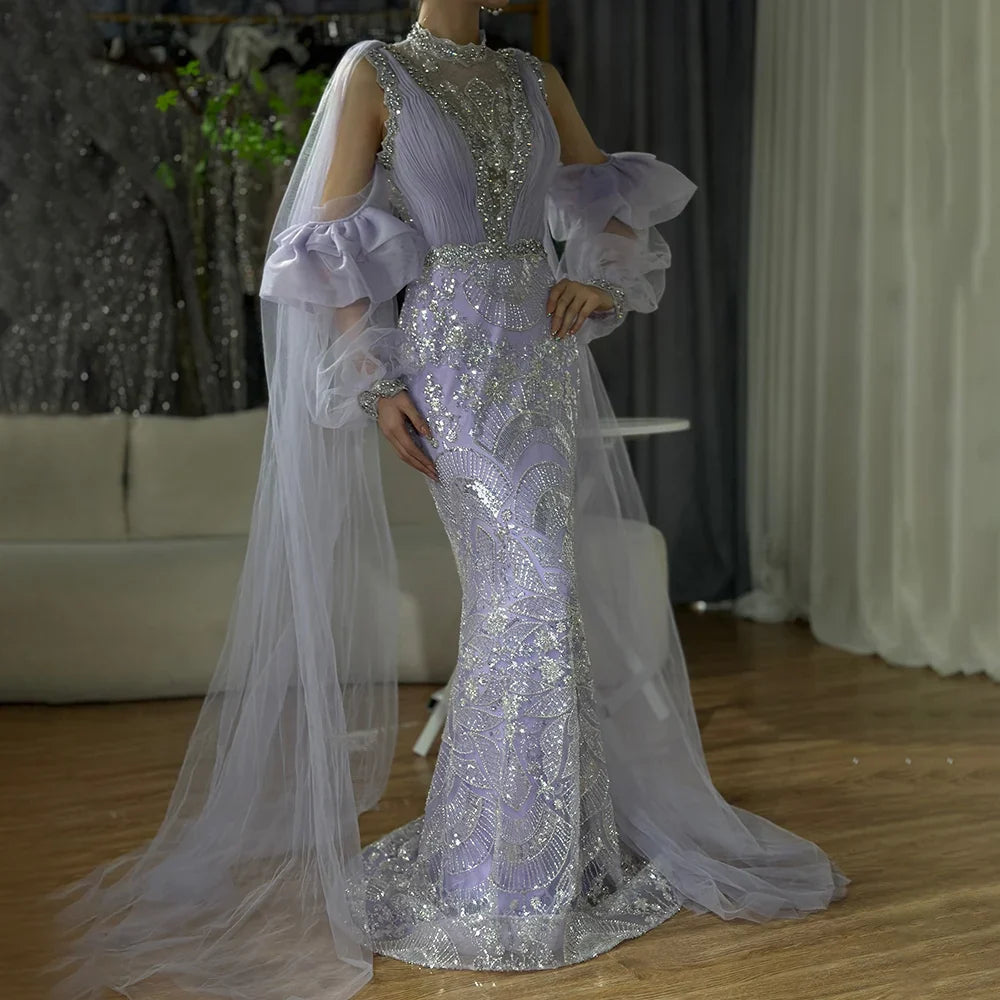Luxury Dubai  Arabic Lilac Mermaid Puffy Sleeves Sparkling Beaded Long Evening Dresses Gowns for Formal Occasion LA72745