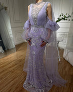 Luxury Dubai  Arabic Lilac Mermaid Puffy Sleeves Sparkling Beaded Long Evening Dresses Gowns for Formal Occasion LA72745