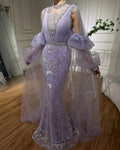 Luxury Dubai  Arabic Lilac Mermaid Puffy Sleeves Sparkling Beaded Long Evening Dresses Gowns for Formal Occasion LA72745