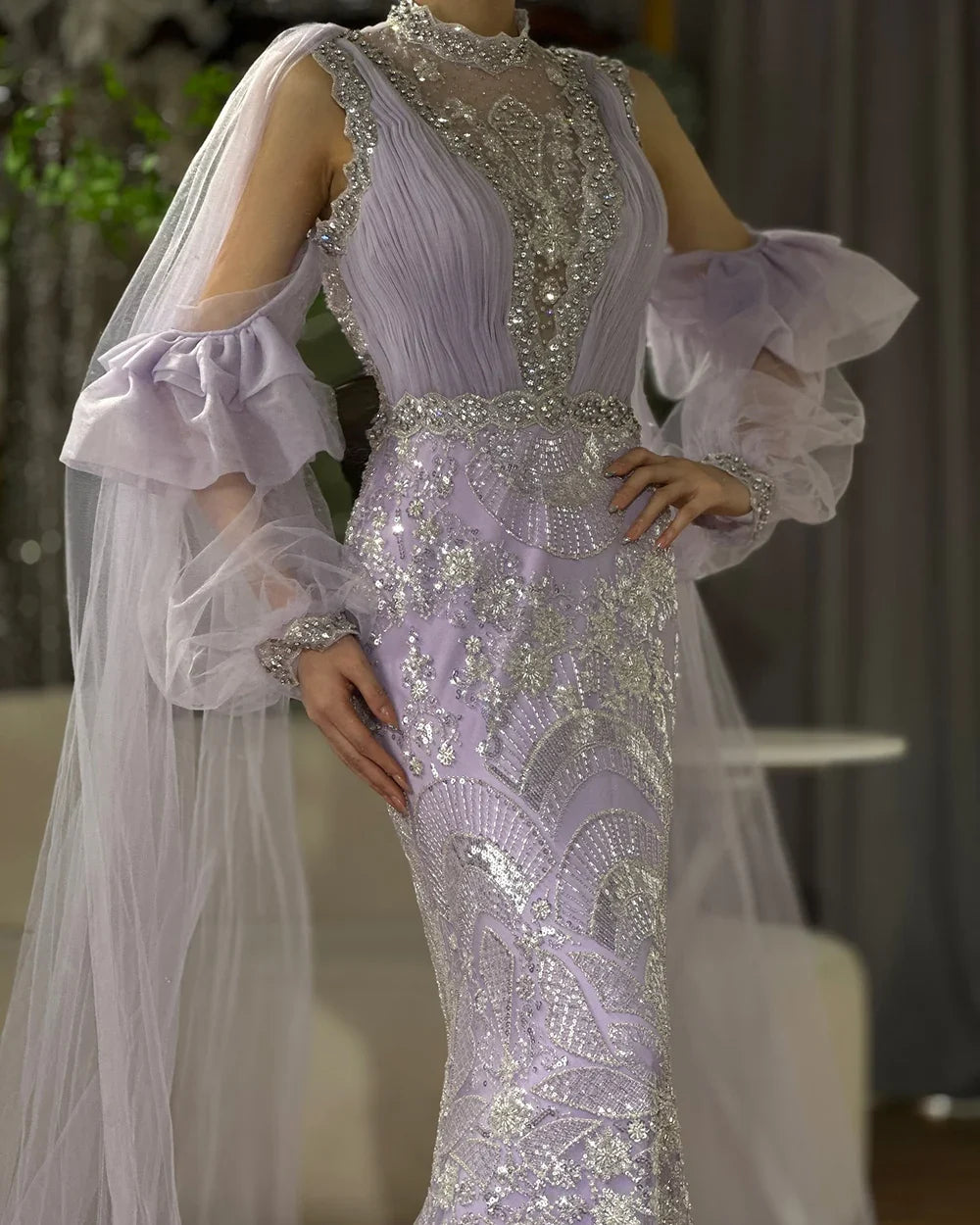 Luxury Dubai  Arabic Lilac Mermaid Puffy Sleeves Sparkling Beaded Long Evening Dresses Gowns for Formal Occasion LA72745