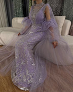 Luxury Dubai  Arabic Lilac Mermaid Puffy Sleeves Sparkling Beaded Long Evening Dresses Gowns for Formal Occasion LA72745
