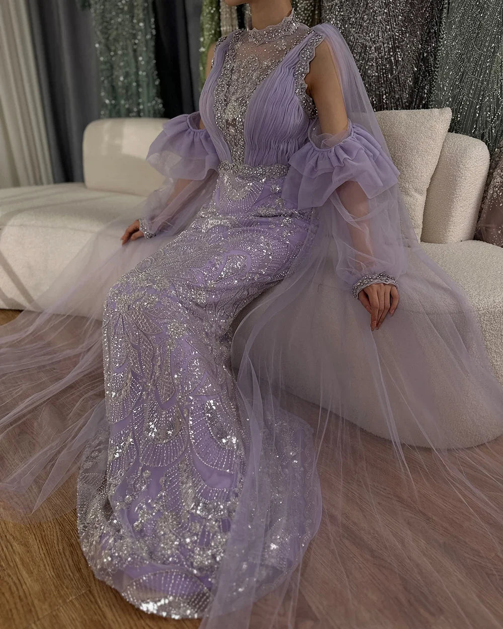 Luxury Dubai  Arabic Lilac Mermaid Puffy Sleeves Sparkling Beaded Long Evening Dresses Gowns for Formal Occasion LA72745